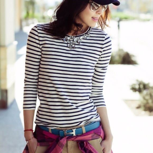 J. Crew Tops - J Crew Bejeweled Necklace Tee Shirt in Stripe